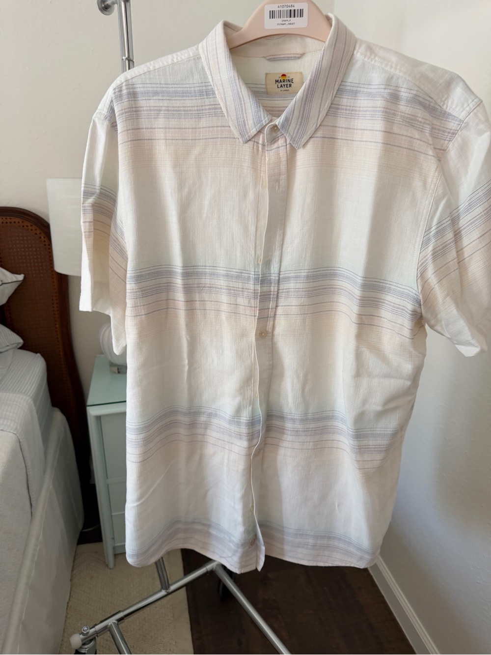 Marine Layer Cream Button-Down Shirt with Blue and Tan Stripes